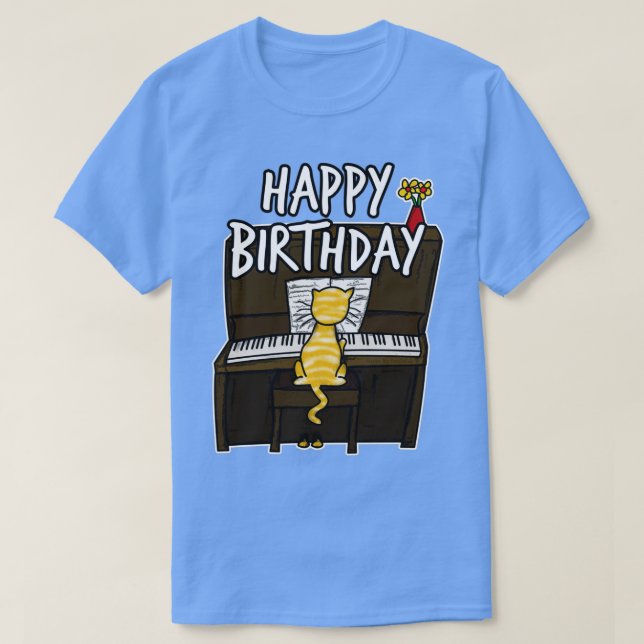 T-shirt Happy Birthday Cat Playing Piano Doodle (Design devant)