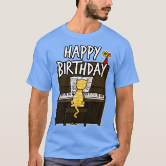T-shirt Happy Birthday Cat Playing Piano Doodle