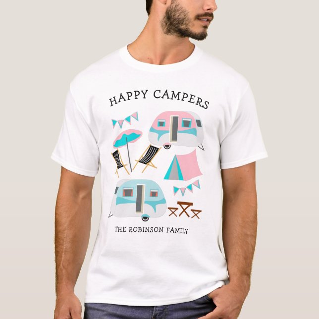 T-shirt Happy Campers Nom de famille Retro Caravan Camping (Devant)