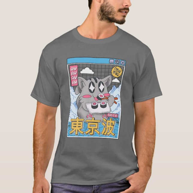 T-shirt Happy Cat Manger Sushi Vaporwave Aesthétique Anime (Devant)