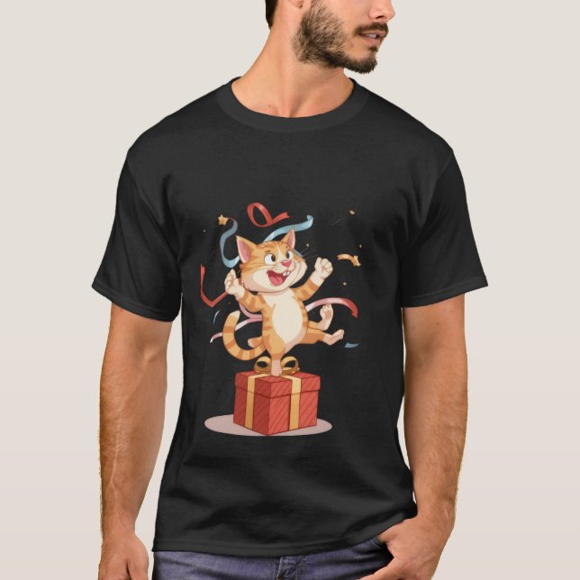 T-shirt Happy Celebration Cat - Excited Kitten on Gift Box (Devant)