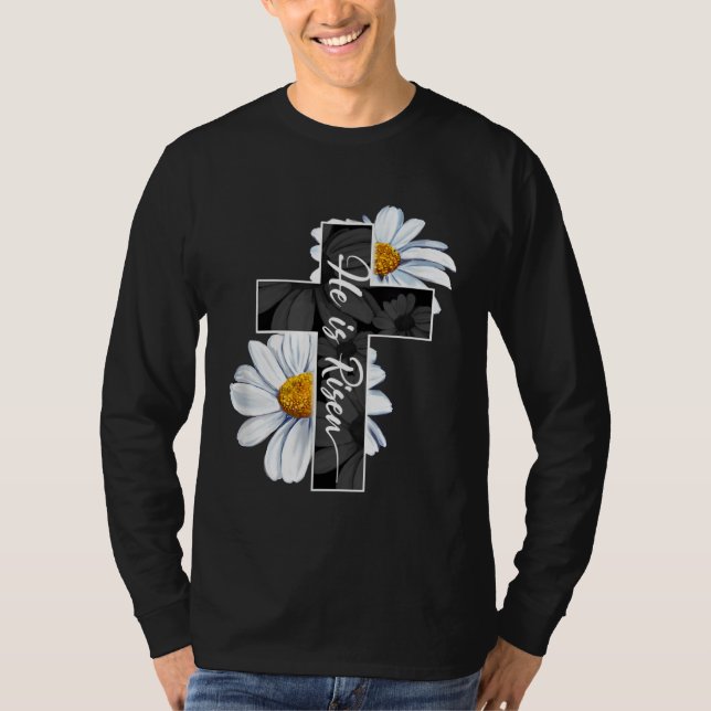 T-shirt Happy Easter Day He Is Risen Jesus Christian Cross (Devant)