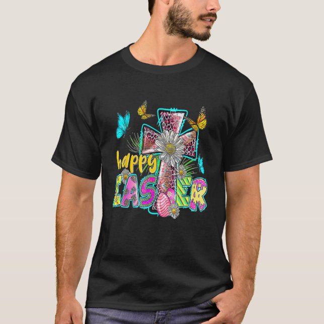 T-shirt Happy Easter Egg Christian Leopard Jesus Cross But (Devant)