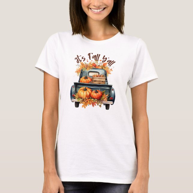 T-shirt Happy Fall Y'all - Camion rustique avec Citrouille (Devant)
