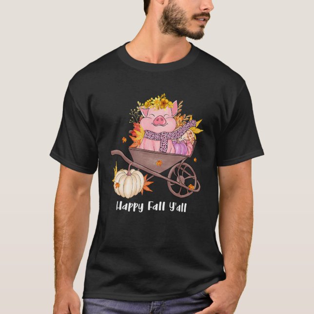 T-shirt Happy Fall Yu2019all Cute Pig Pumpkin Maple Leaves (Devant)