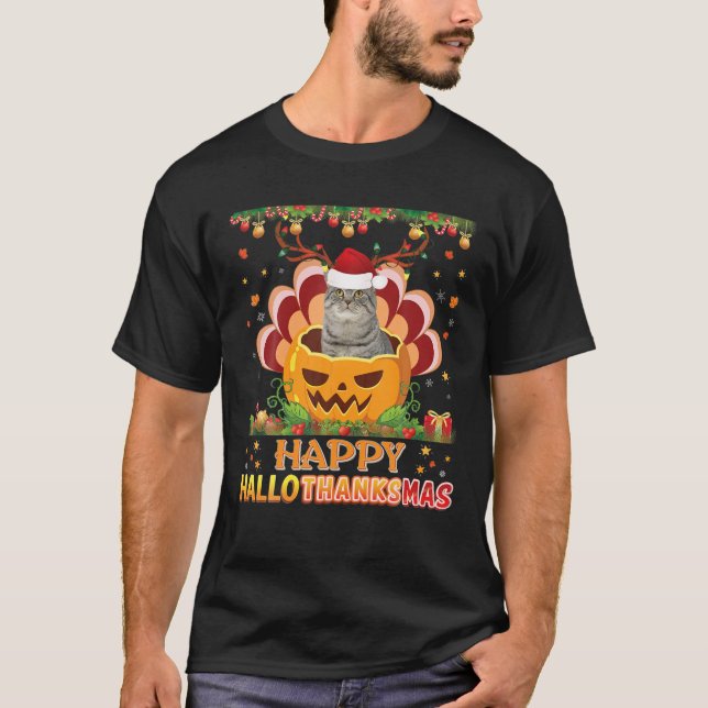 T-shirt Happy Hallothanksmas British Shorthair Cat Hallowe (Devant)