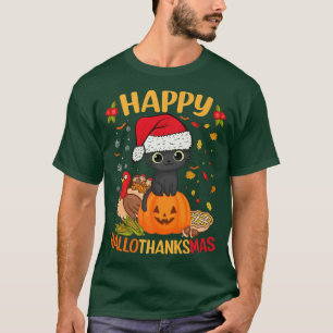 T-shirt Happy HalloThanksMas Chat Noir Santa Hat Vacances 