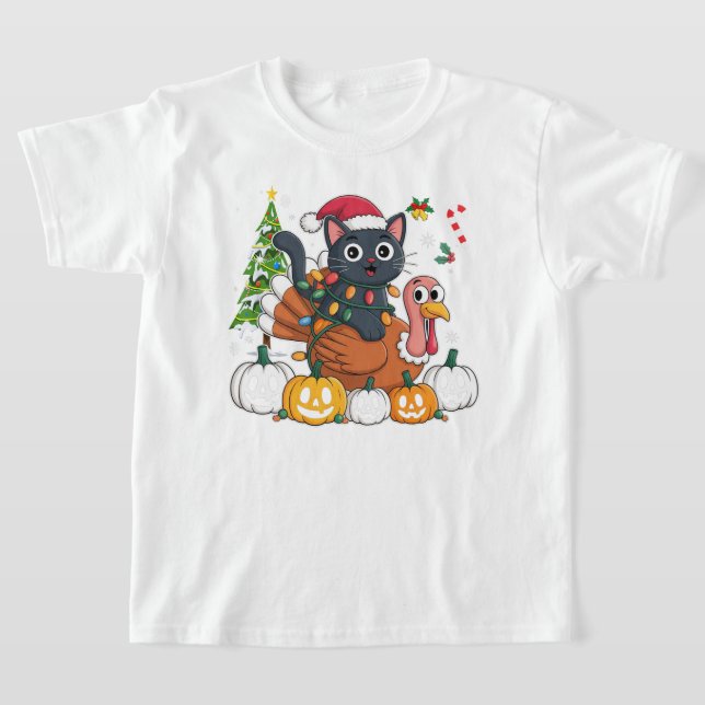 T-shirt Happy HalloThanksMas Chat noir Turquie Citrouilles (Poser)