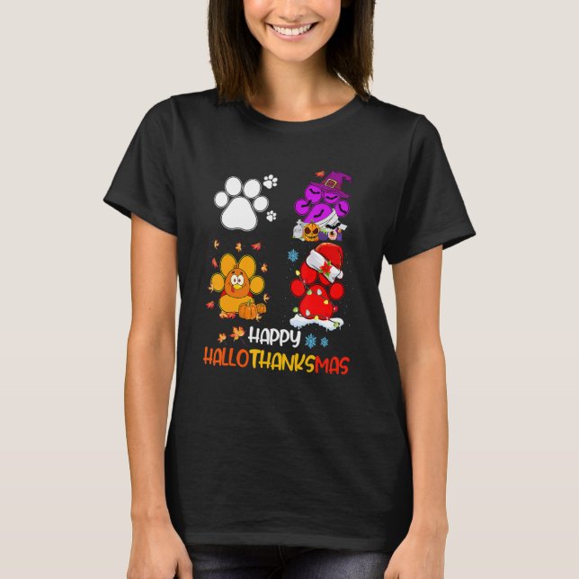 T-shirt Happy HalloThanksMas Chien Paws Halloween Thanksgi (Devant)