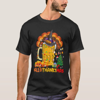 T-shirt Happy Hallothanksmas Funny Witch Turkey Beer