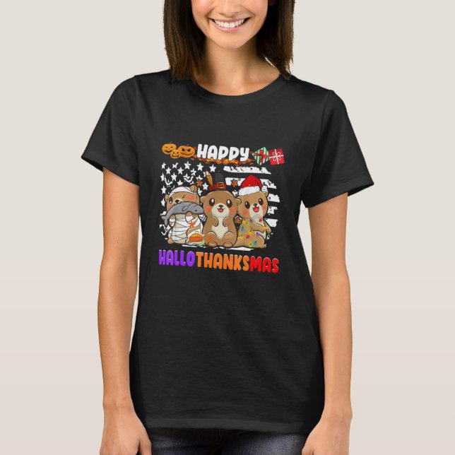 T-shirt Happy Hallothanksmas Otter  Thanksgiving Christmas (Devant)