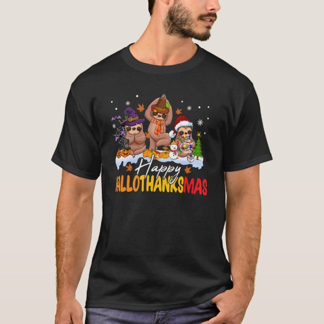 T-shirt Happy Hallothanksmas Sloth  Thanksgiving Christmas (Devant)