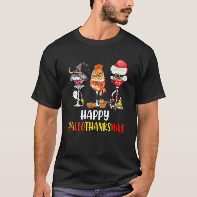 T-shirt Happy Hallothanksmas Verres à vin Chapeau de sorci (Devant)