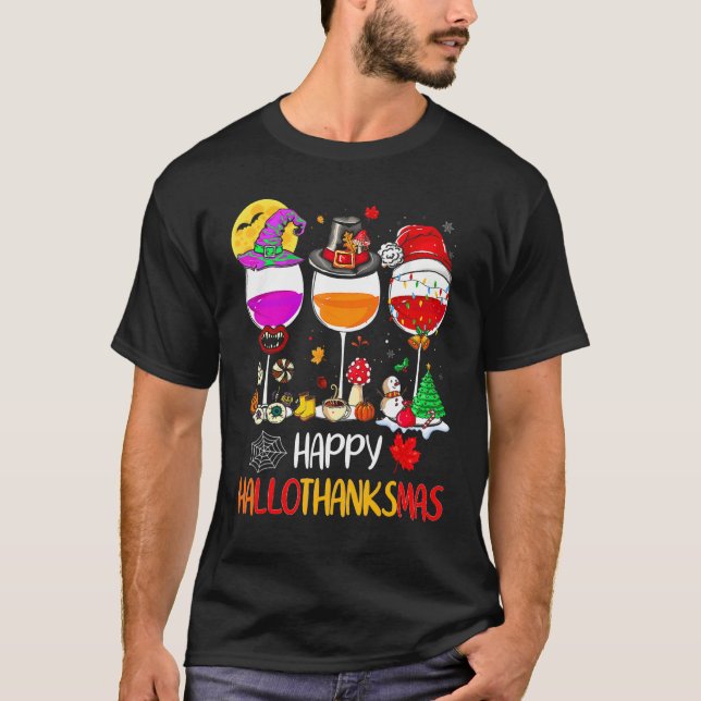 T-shirt Happy Hallothanksmas Wine Glasses Witch Santa Hat  (Devant)
