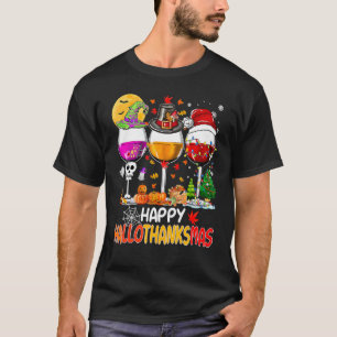 T-shirt Happy Hallothanksmas Wine Glasses Witch Santa Hat