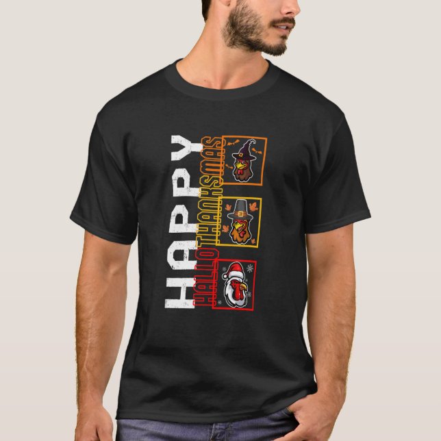T-shirt Happy HalloThanksMas Witch Pilgrim Père Noël Chick (Devant)