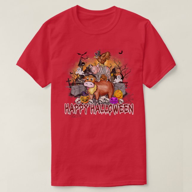 T-shirt Happy Halloween Animaux de ferme Haunted Maison Ja (Design devant)
