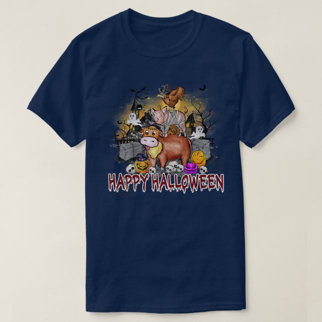 T-shirt Happy Halloween Animaux de ferme Haunted Maison Ja (Design devant)