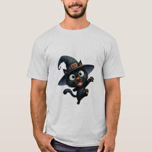 T-shirt Happy Halloween Black Witch Cat Wave  ✨🐾🎃 (Devant)