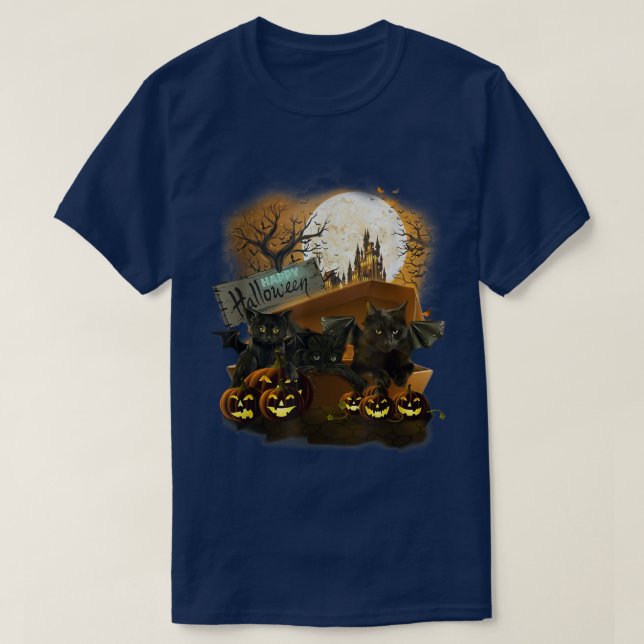 T-shirt Happy Halloween Chat Bat Noir Dans Coffin Scary Ho (Design devant)