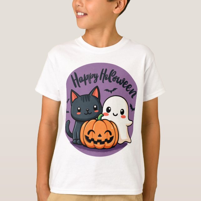 T-shirt Happy Halloween Chat, Fantôme et Citrouille (Devant)