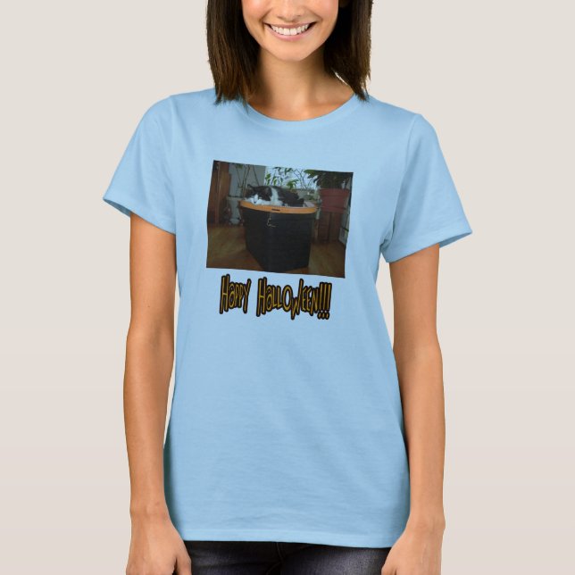 T-shirt Happy Halloween Chat noir et blanc (Devant)