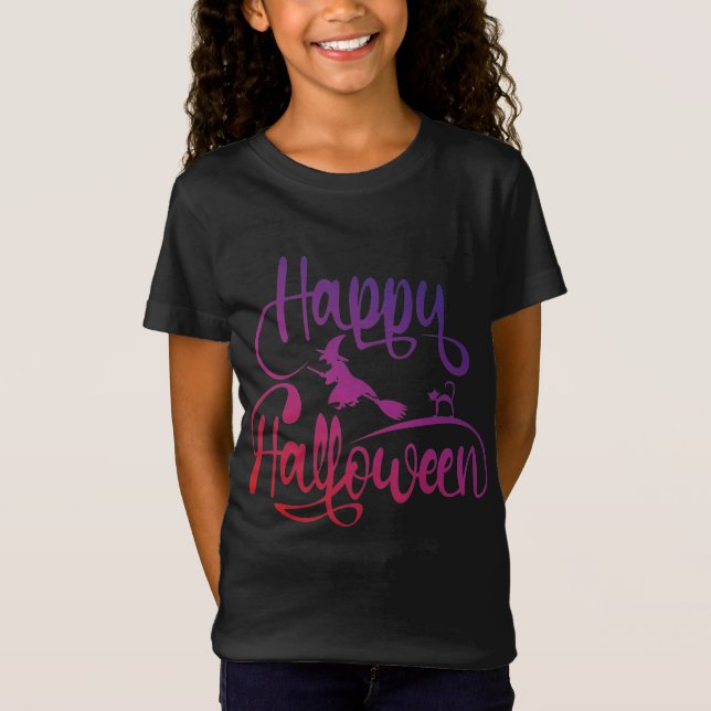 T-Shirt Happy Halloween dégradé volant sorcière chat T-Shi (Devant)