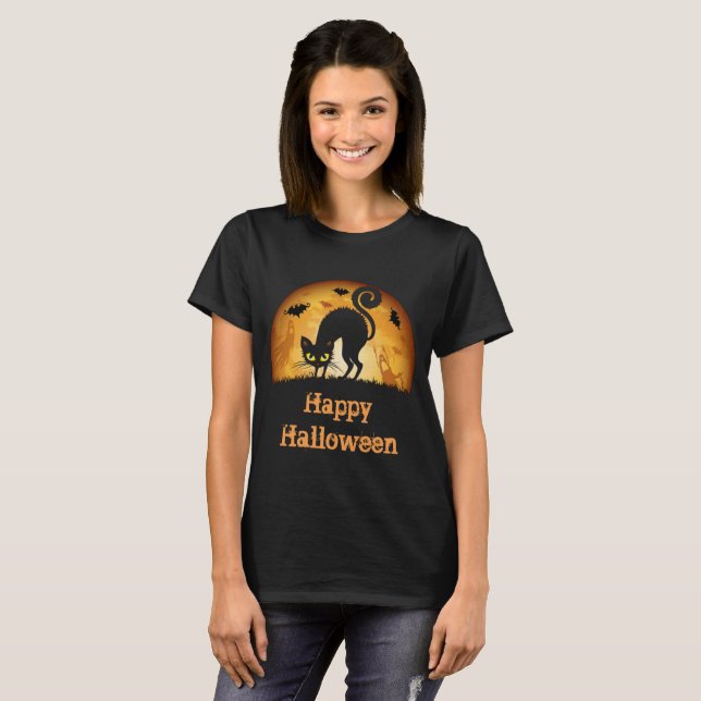 T-shirt Happy Halloween Éffrayant Haunted chat noir T-shir (Devant entier)