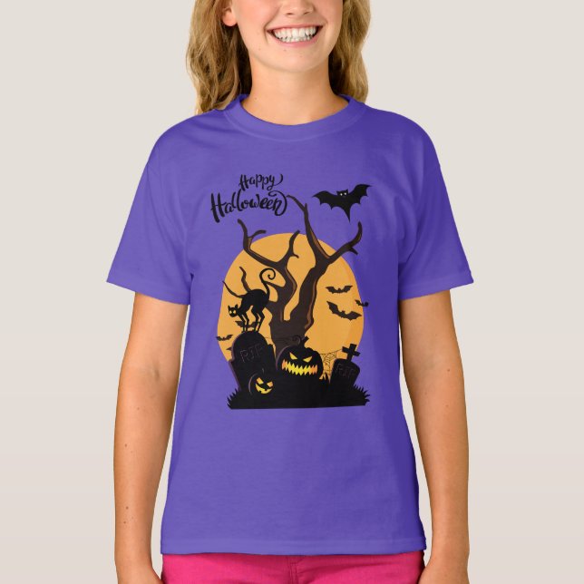 T-shirt Happy Halloween Éffrayante nuit Silhouettes fille (Devant)