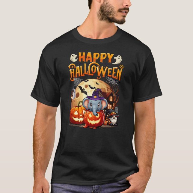 T-shirt Happy Halloween Elephant Cosplay Witch In Carved P (Devant)
