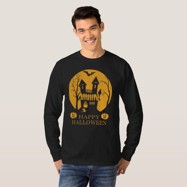 T-shirt Happy Halloween Haunted House Long Sleeve (Devant entier)