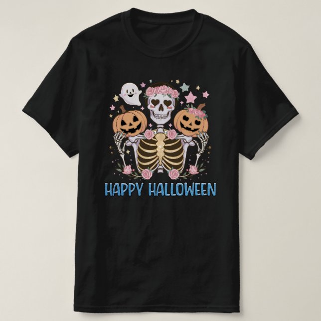 T-shirt Happy Halloween mignon squelette (Design devant)