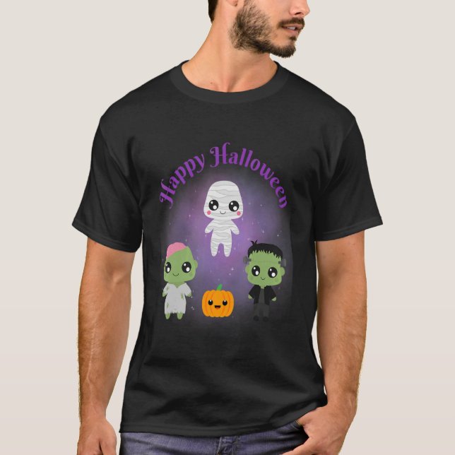 T-shirt Happy Halloween Monsters Mummy Frankenstein Zombie (Devant)