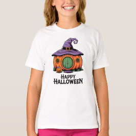 T-shirt Happy Halloween Pumpkin Cottage & Witch Hat Roof