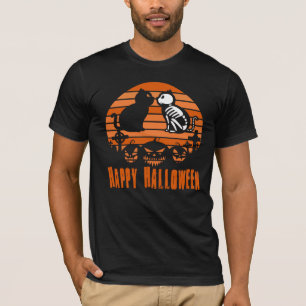 T-shirt Happy Halloween Skeleton Cat Retro Sunset