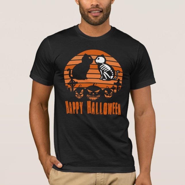 T-shirt Happy Halloween Skeleton Cat Retro Sunset (Devant)