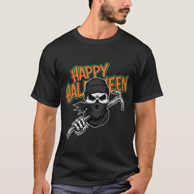T-shirt Happy Halloween Skeleton Crowbar (Devant)