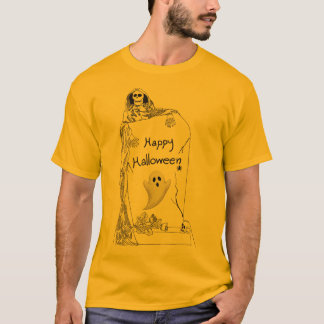 T-shirt Happy Halloween – Spooky Skeleton and Ghost Design