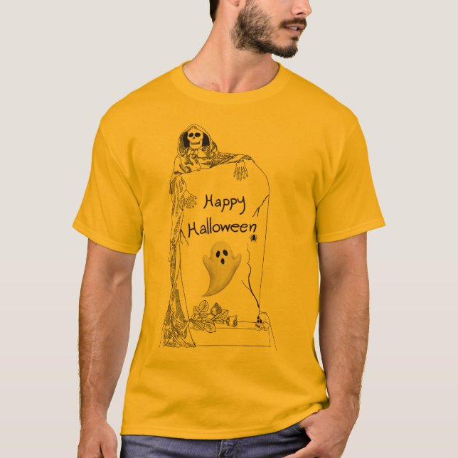 T-shirt Happy Halloween – Spooky Skeleton and Ghost Design (Devant)