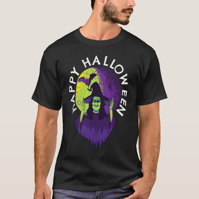 T-shirt Happy Halloween Spooky Witch and Vampire Bat in Fu (Devant)