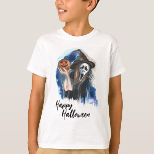 T-shirt Happy Halloween Watercolor sorcière et Citrouille