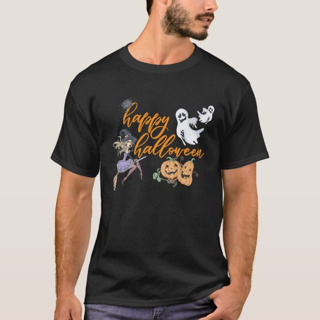 T-shirt Happy Halloween witch ghosts goblins spiders fall (Devant)