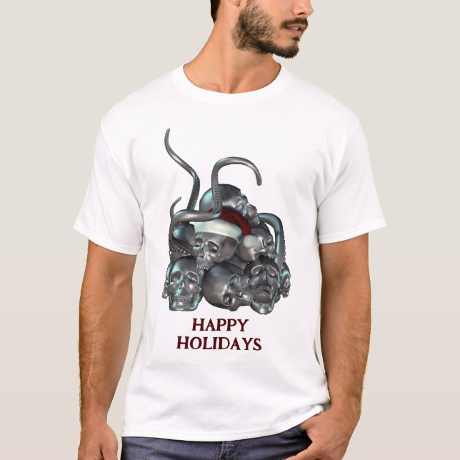 T-shirt Happy Holidays. Skull pile and tentacles (Devant)