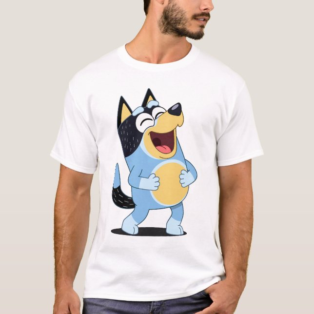 T-shirt Happy Laughing Blue Dog Cartoon (Devant)