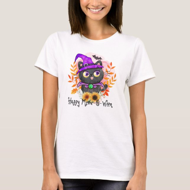 T-shirt Happy Meow-o-ween -Chat Sorcière Noire (Devant)