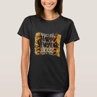 T-shirt Happy New Year 2022 Glitter Gold and Leopard Print