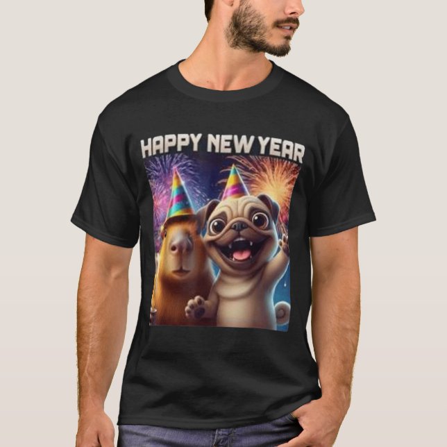 T-shirt Happy New Year 2026 Capybara Pug Party Art  (Devant)