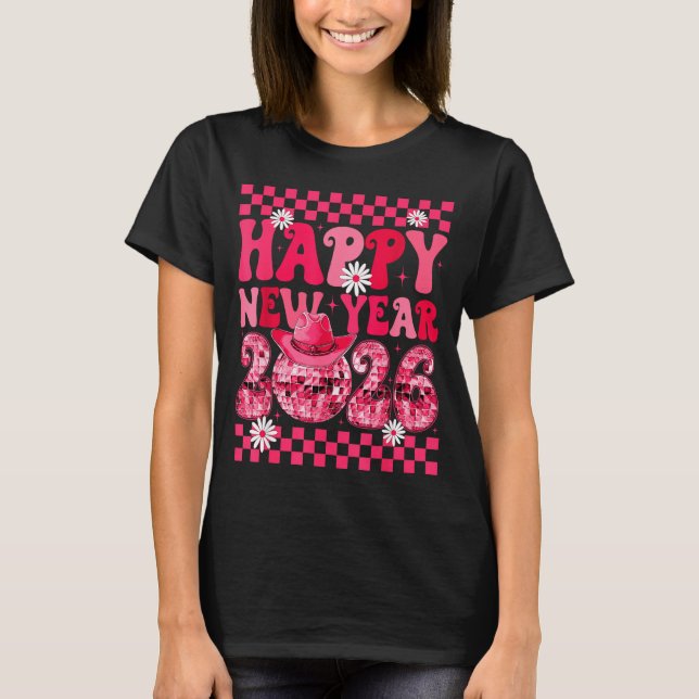 T-shirt Happy New Year 2026 Cowgirl Cowboy Disco Ball Girl (Devant)