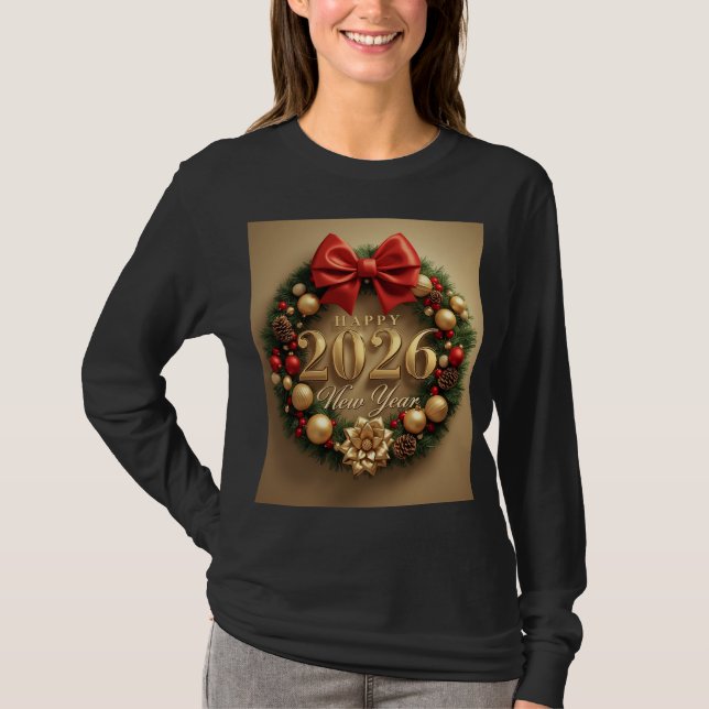 T-shirt happy new year 2026 cozy wreath long sleeve (Devant)