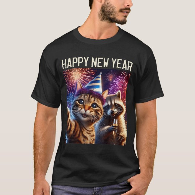 T-shirt Happy New Year 2026 Cute Cat Raccoon Celebration  (Devant)